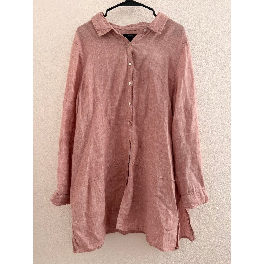 Tahari Womens 1X Dusty Rose Pink 100% Linen Button Down Tunic Roll Tab Shirt